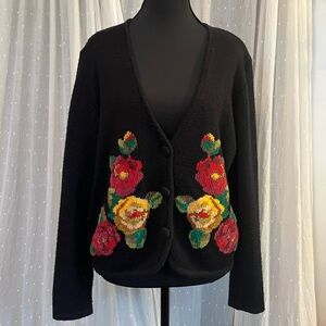 Susan Bristol Wool Blend Cardigan with Floral Design